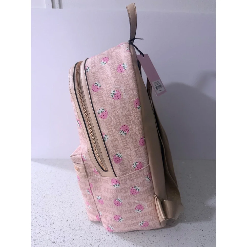 Juicy Couture Strawberry Monogram Backpack Tan Pink Gold Tone Y2K Style Bag